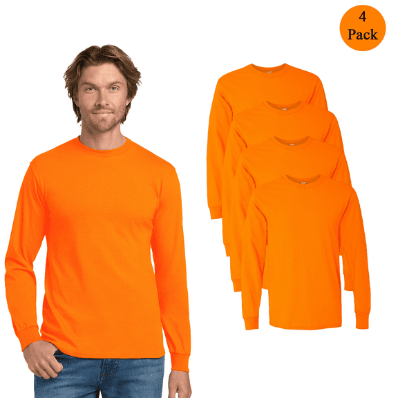 Gildan Hi Visibility Long Sleeve Safety T-shirt for Men, Hi Vis Workwear, Safety Orange, Pack 4, S