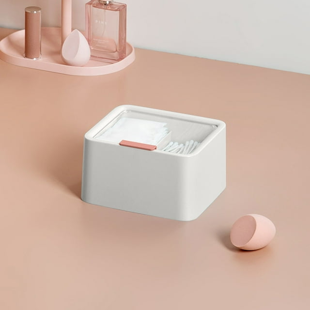 COM1950s Makeup Organizer with Dustproof Lid, Double Compartment Cosmetic Storage Box for Desktop, Plastic Organizer for Makeup Remover Pads, Swabs, and Lipsticks