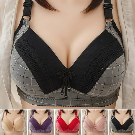 

rygai Women Bra Contrast Color Adjustable Strap Back Closure V Neck Breathable Support Breast Patchwork Wire Free Wide Straps Lady Brassiere for Daily Wear Black 42C