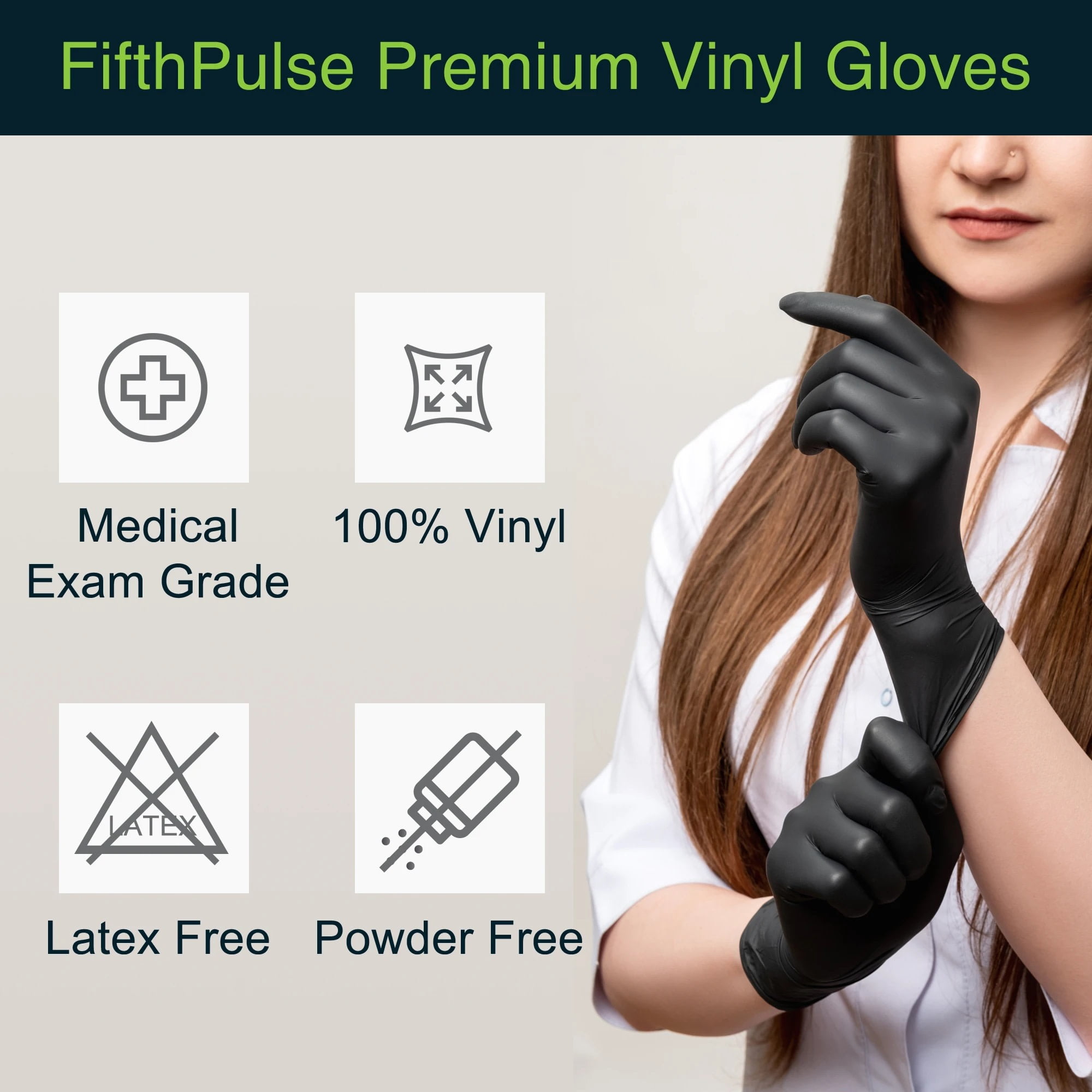 Fifth Pulse Vinyl Exam Latex Free Gloves - Black - 2 Boxes of 100 Gloves - 200 Total (Large)