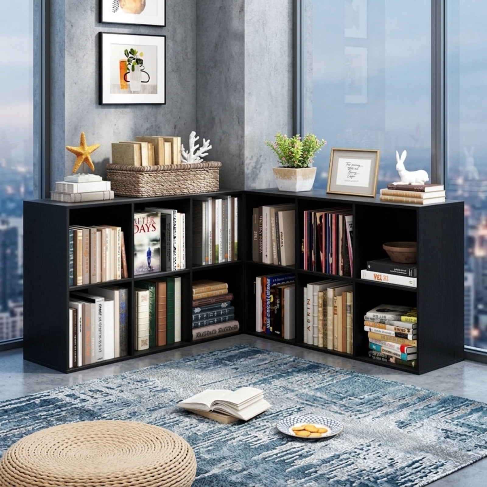 Furnibear Modern 6-Cube Bookcase Freestanding Storage Bookshelf with Anti-Tipping Kits and Non-Slip Pads for Living Room, Black