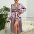 thumbnail image 2 of HUJlwoi Satin Nightgown Women Long Sleeve Silk Belted Robe Soft Lace Trim Kimono Sleepshirts Cozy Soomth Long Bathrobe Nightshirt, 2 of 7