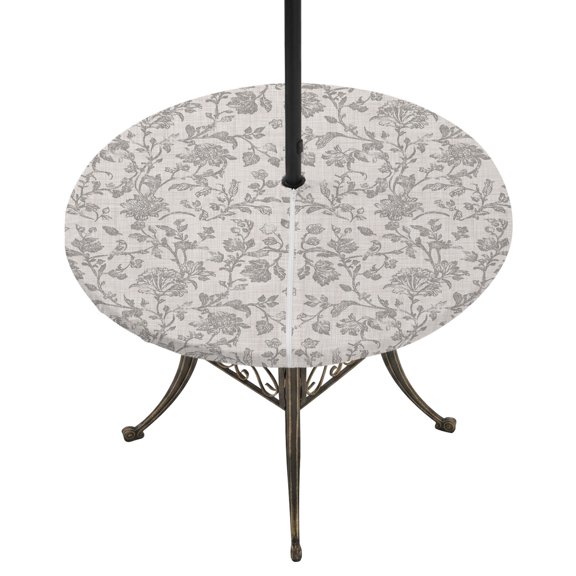 Round Outdoor Tablecloth with Umbrella Hole and Zipper, Farmhouse Flower Tablecloth with Elastic Waterproof, Botanical Vintage Grey Leaf Plant Patio Table Covers for 36" - 44" Picnic Pool Tables