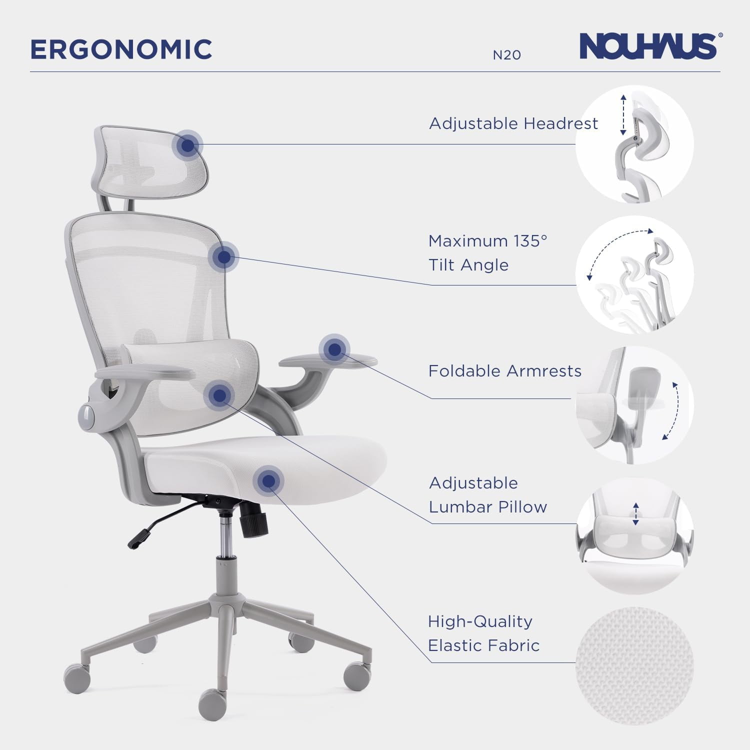 Nouhaus Ergo Fit High Back Ergonomic Mesh Office Chair with Adjustable Lumbar Support for Home Office & Study Room, White