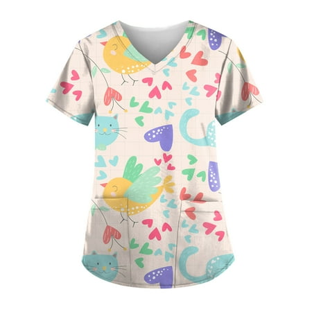 

DNDKILG Womens Working Casual Nursing Scrubs V Neck Pockets Uniform Professionals T Shirt Graphic Holiday Scrubs Top Purple 5XL