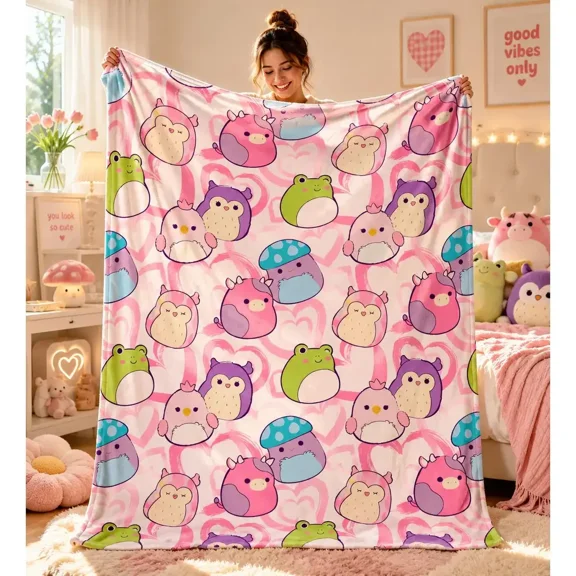 Squishmallows Cute Character Throw Blanket, Soft Flannel Fleece Blanket, Cozy Lightweight Blanket for Bed Sofa Couch, Home Decor Gift for Fans