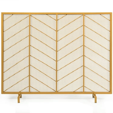 Gymax 39''x31'' Single Panel Fireplace Screen Spark Guard Fence Chevron Gold Finish