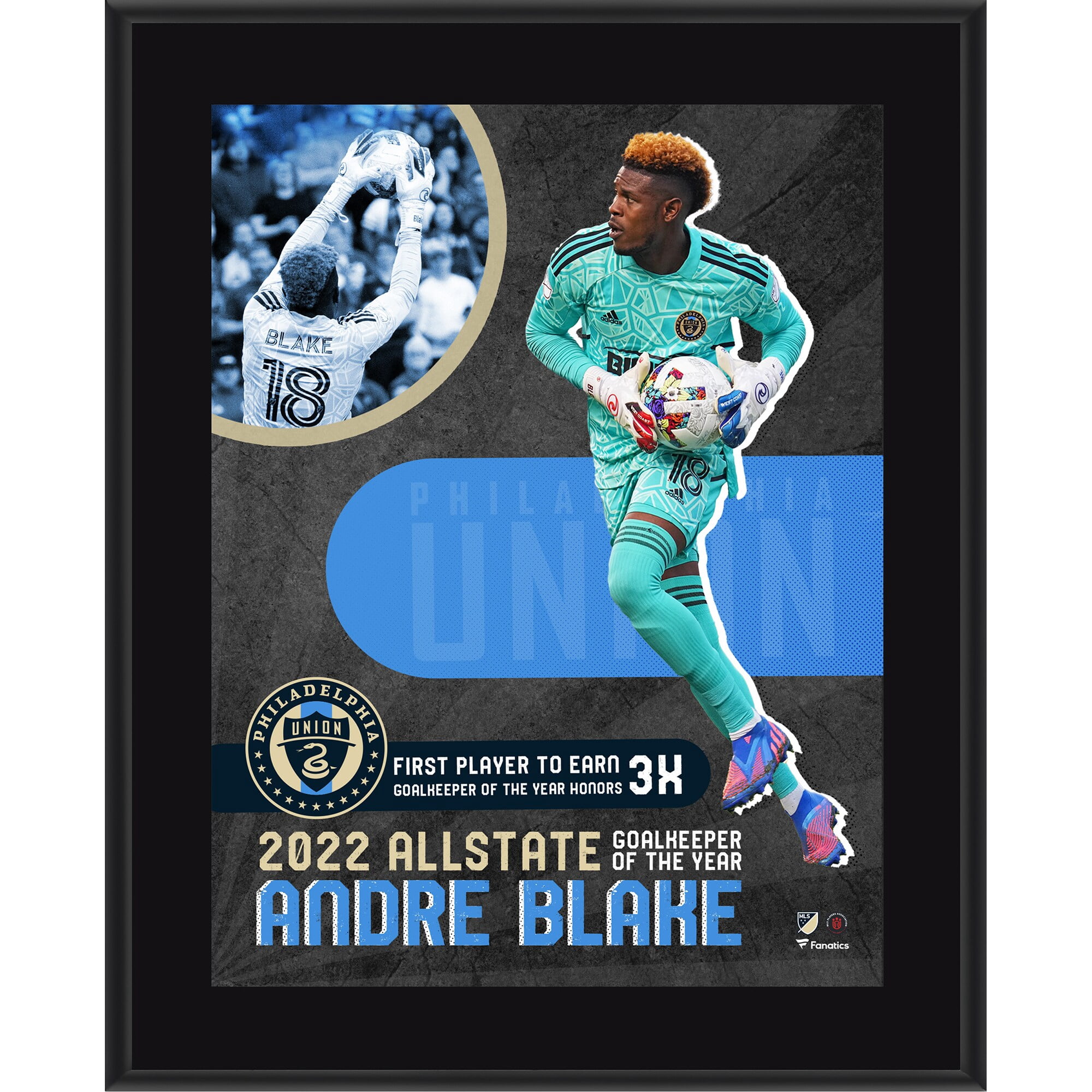 Andre Blake Philadelphia Union 10.5 x 13 2022 MLS Season Allstate  Goalkeeper of the Year Award Sublimated Plaque 