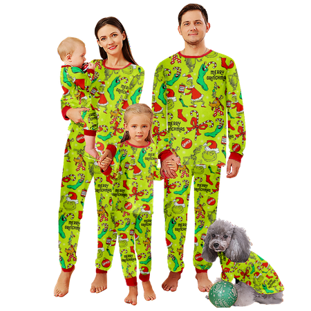 

FUNIER Family Matching Christmas Pajamas Set Green Santa Cartoon Printed Sizes for Adult-Kids-Baby-Pet 2-Piece Top and Pants Bodysuits Xmas PJS Sleepwear