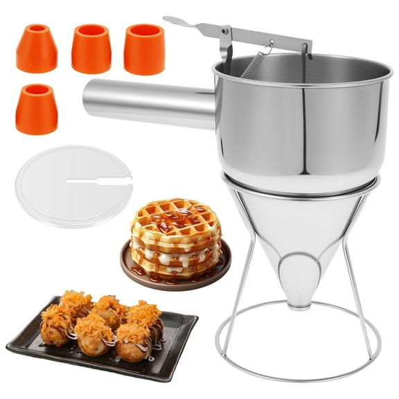 40oz Pancake Batter Dispenser Stainless Steel No-Drip Funnel Squeeze Handle with 4 Interchangeable Silicone Nozzles for Pancakes Waffles Cupcakes Baked Goods