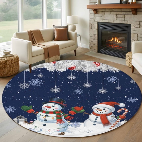 Navy Blue Snowman Christmas Round Rug 5ft Washable Circle Kitchen Rugs Non Slip Xmas Snowflake Winter Ball Large Area Rug Indoor Floor Carpet for Bedroom Living Room Home Office Dining Room Nursery