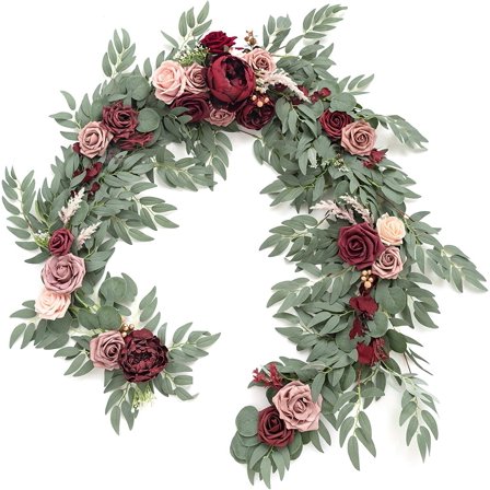 Namzi 6ft Artificial Eucalyptus Garland with Flowers Fake Greenery Faux Floral Vine , Wine