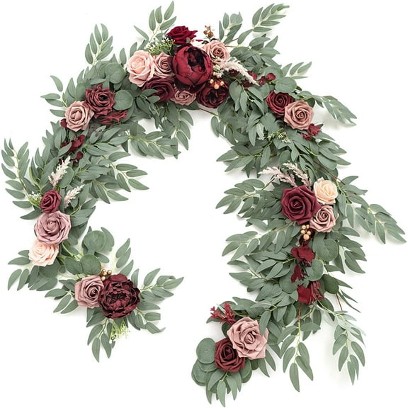 Namzi 6ft Artificial Eucalyptus Garland with Flowers Fake Greenery Faux Floral Vine , Wine