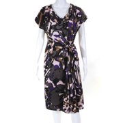Pre-owned|Escada Womens Patterned Belted Cowl Neck Shift Dress Purple Silk Size 36