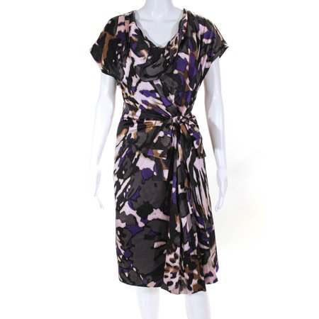 Pre-owned|Escada Womens Patterned Belted Cowl Neck Shift Dress Purple Silk Size 36
