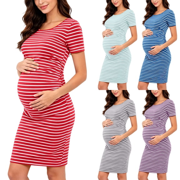 Bixock Maternity Midi Dress Crew Neck Short Sleeve Wrap Baby Shower Pregnancy Dresses for Photoshoot Maternity Outfits Summer Clothings