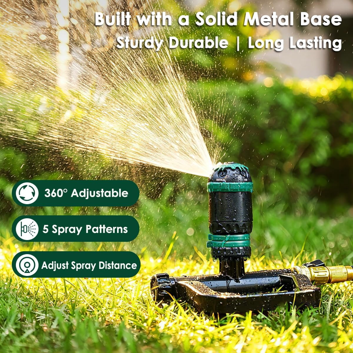 FANHAO Heavy Duty Gear Drive Lawn Sprinkler, Metal Base, 5 Patterns & 360° Rotation, for Large Yard, Flower Beds, Garden
