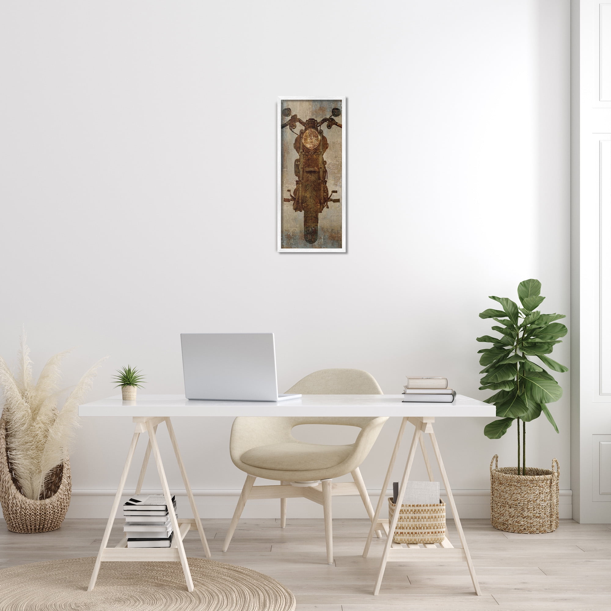 Stupell Industries Motorcycle Silhouette Rustic Pattern Transportation Painting White Framed Art Print Wall Art, 10 x 24