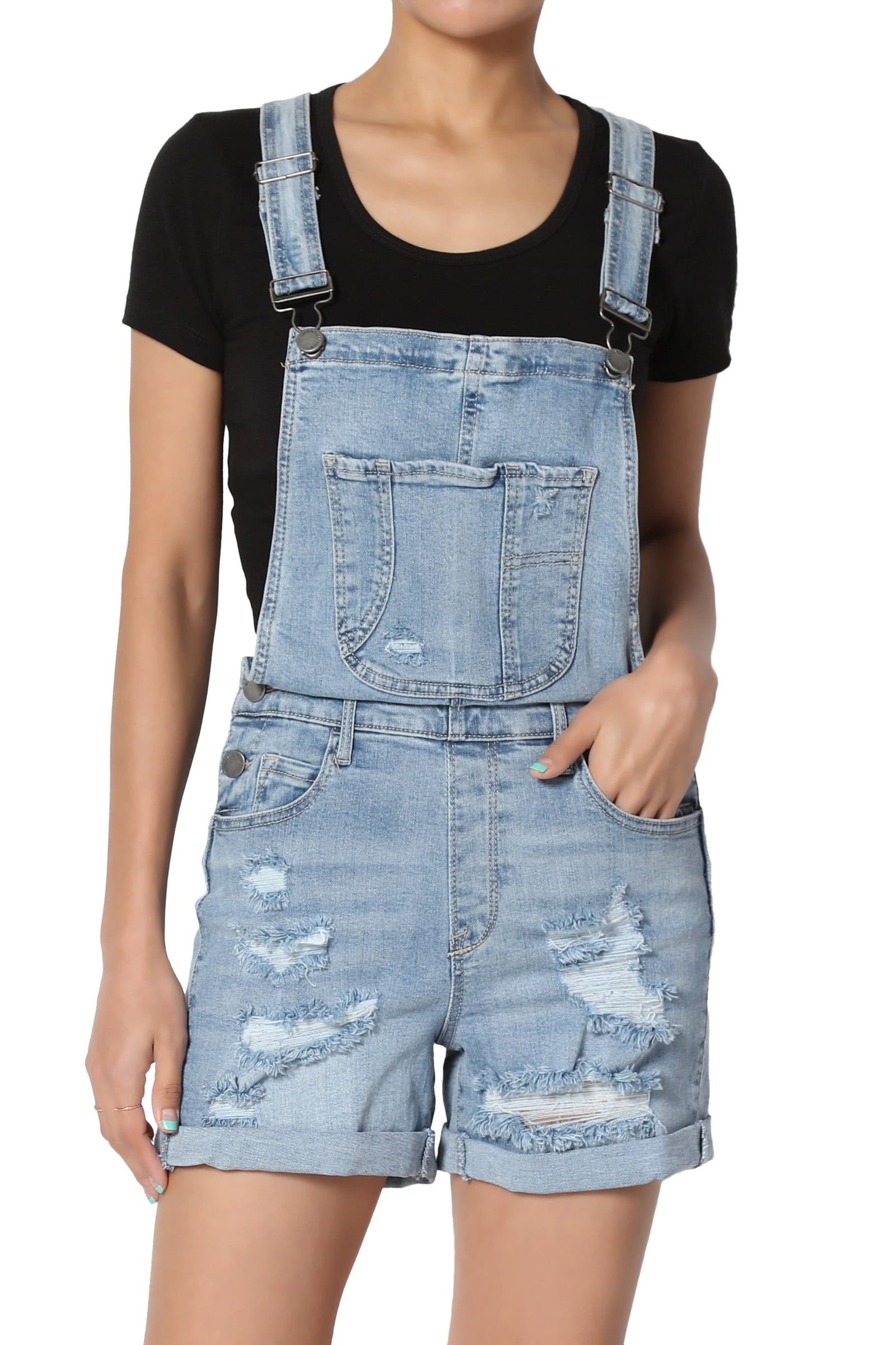 TheMogan - TheMogan Junior's Washed Distressed Stretch Denim Short Overall Shorts Romper 