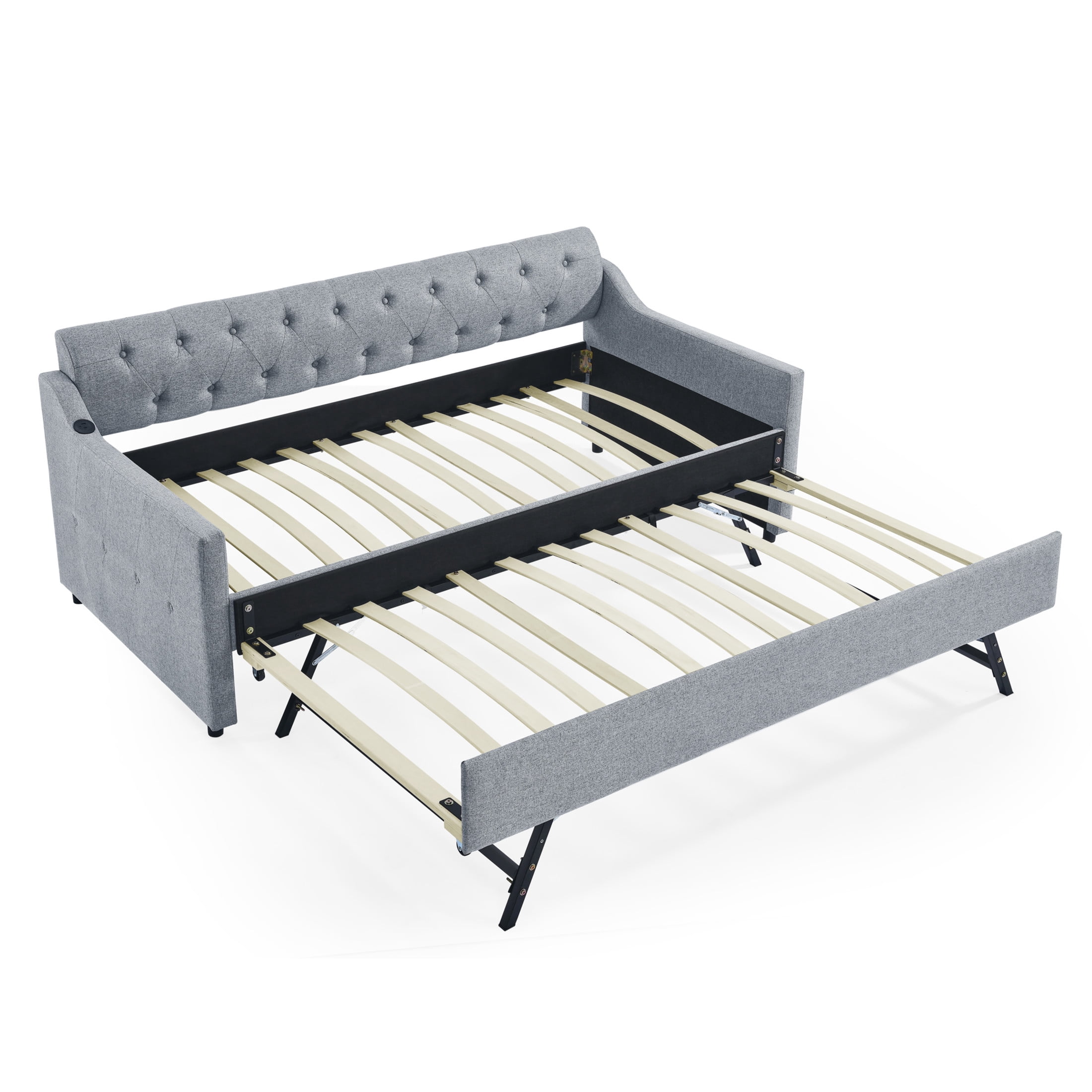 Noble House Carola Twin Size Linen Upholstery Daybed, Mid-Century Tufted Sofa Bed with Trundle and Charging Port, Gray