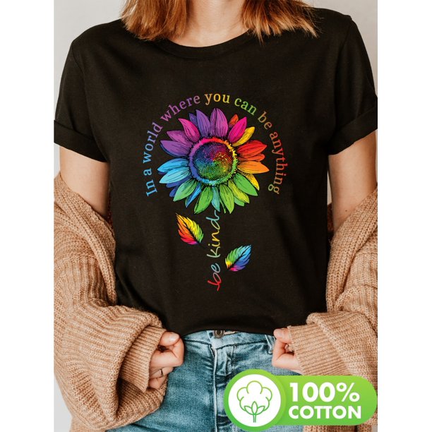 100% Cotton Women's Graphic T-Shirt - Inspirational Rainbow Sunflower Floral Print Casual Crew Neck Tee with Slight Stretch for All Seasons