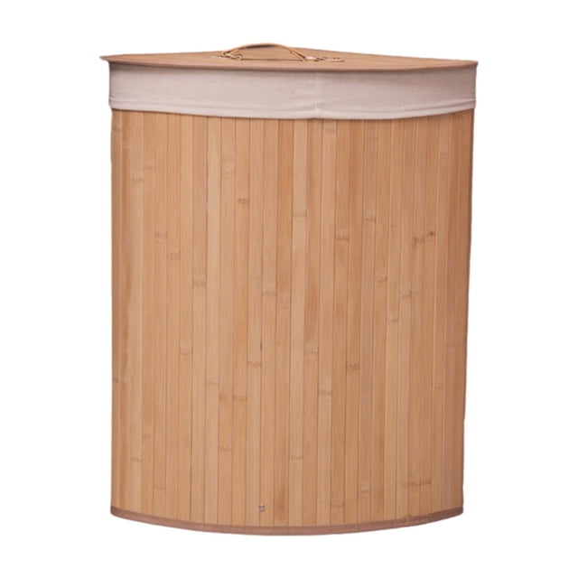 Cesto de ropa sucia de bambú de esquina con tapa y asa, organizador de almacenamiento de juguetes, lavado Beige