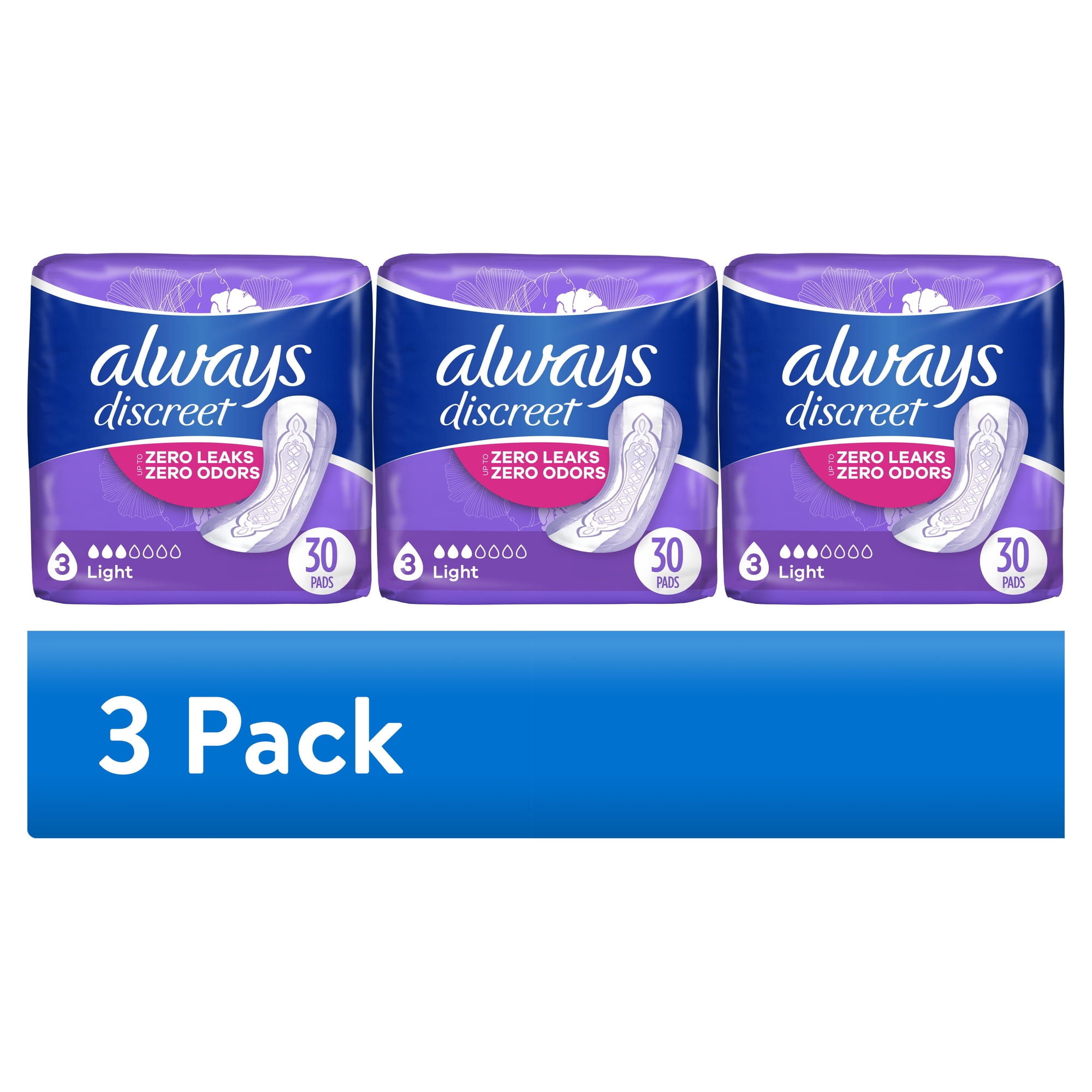 (3 pack) Always Discreet Incontinence Pads for Women, Light, 30 Count