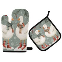 Yayeee Oven Mitts and Pot Holder Set of 4 Heat Resistant Kitchen Gloves Baking Hot Pad, Winter Goose Scarves