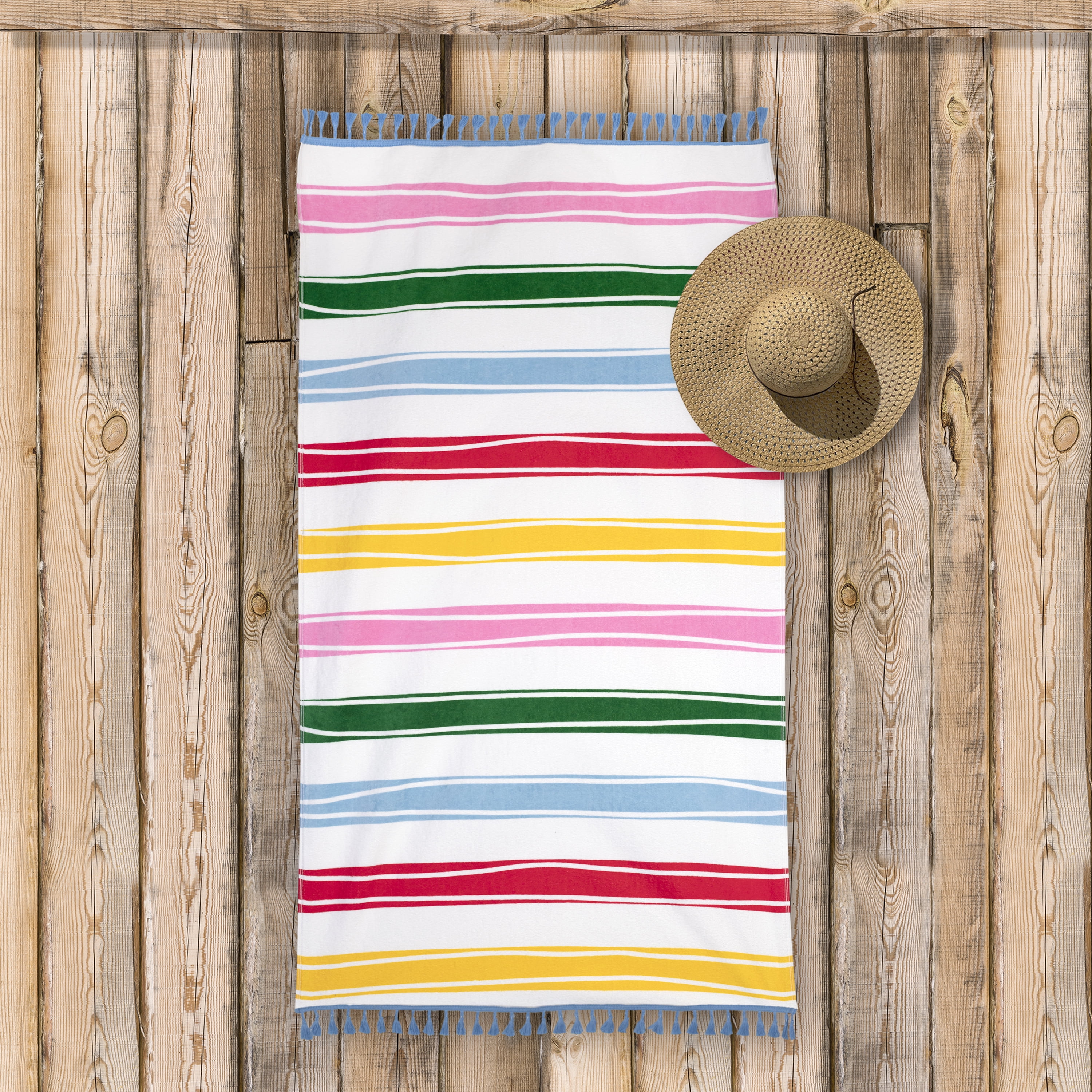 Packed Party Beach Towel, Rainbow Stripes Print, Multi-Color with Blue Fringe