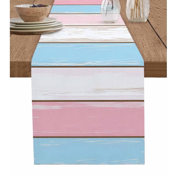Pink Blue Wood Grain Table Runner 72 Inches, Modern Colorful Striped Bed Runner Dresser Scarves Tabletop for Indoor Outdoor Parties/Ceremony/Banquet, 14" x 72"