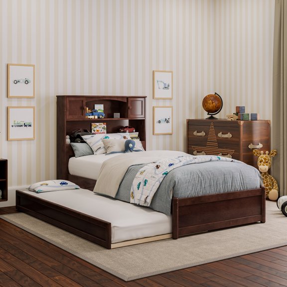 Denver Twin Wood Platform Bed with Twin Trundle in Walnut