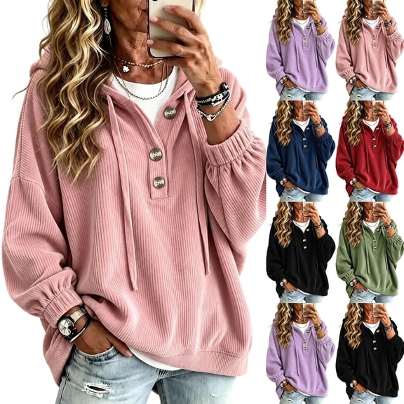 Pounoo Hoodies for Women Pullover Hooded Henley Button Long Sleeve Corduroy Texture Tops for Women Loose Fit Y2K Trendy Boho Womens Tops