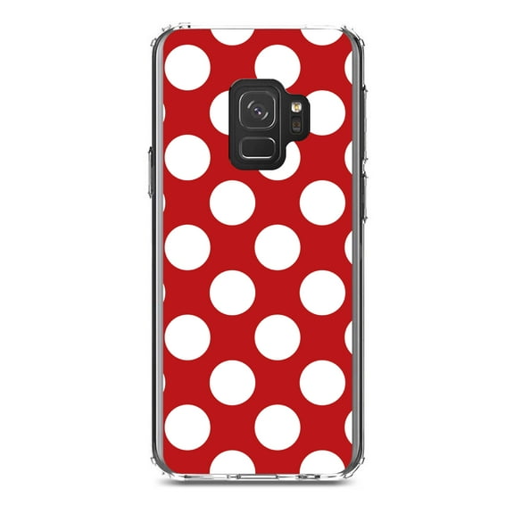 DistinctInk Clear Shockproof Hybrid Case for Samsung Galaxy S9 (5.8" Screen) - TPU Bumper, Acrylic Back, Tempered Glass Screen Protector - White & Red Polka Dots