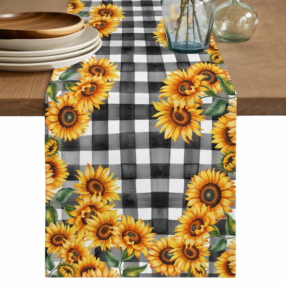 Table Runner 72 Inches Long for Kitchen Dining, Sunflowers Dresser Scarf Farmhouse, Dining Table Decorations for Wedding/Parties, Farmhouse Summer Floral Black White Plaid 13 x 72 In