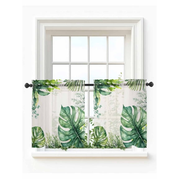 Tropical Palm Leaf Tier Curtains 36 Inch Length,Sheer Curtains for Bedroom Living Room,Summer Rustic Botanical Leaves Rod Pocket Voile Drapes Kitchen Curtains Small Half Window 27.5"x36" 2 Panels
