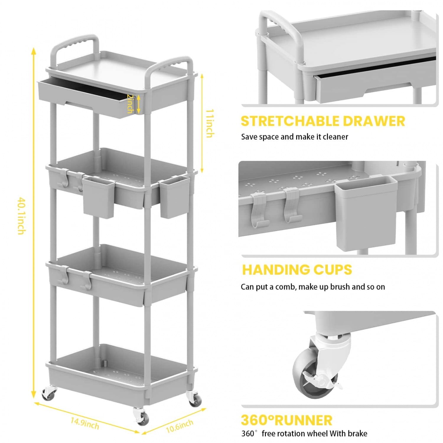 NTGFU 4 Tier Grey Rolling Utility Cart with Drawer, Utility Cart Made Of Multifunctional Storage Organizer Tool for Kitchen,Bathroom,Living Room,Office Outdoor Decor