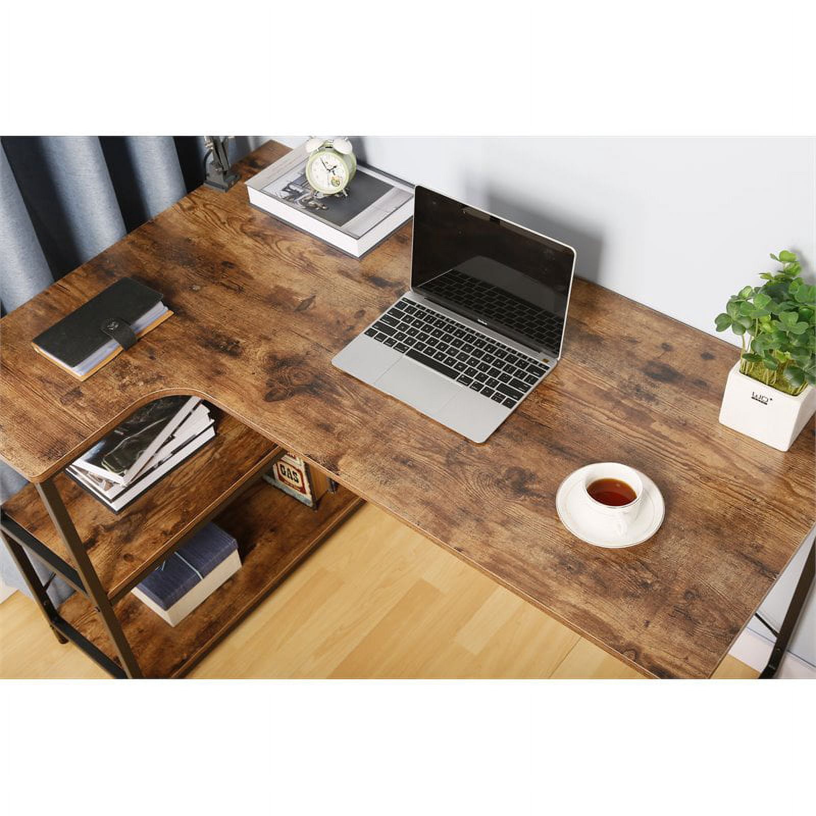 JJS L-Shaped Home Office Corner Writing Computer Desk with Built-in Bookcase, Wood and Metal Modern Study Laptop Table Workstation with Storage Shelves for Small Spaces,Rustic Brown