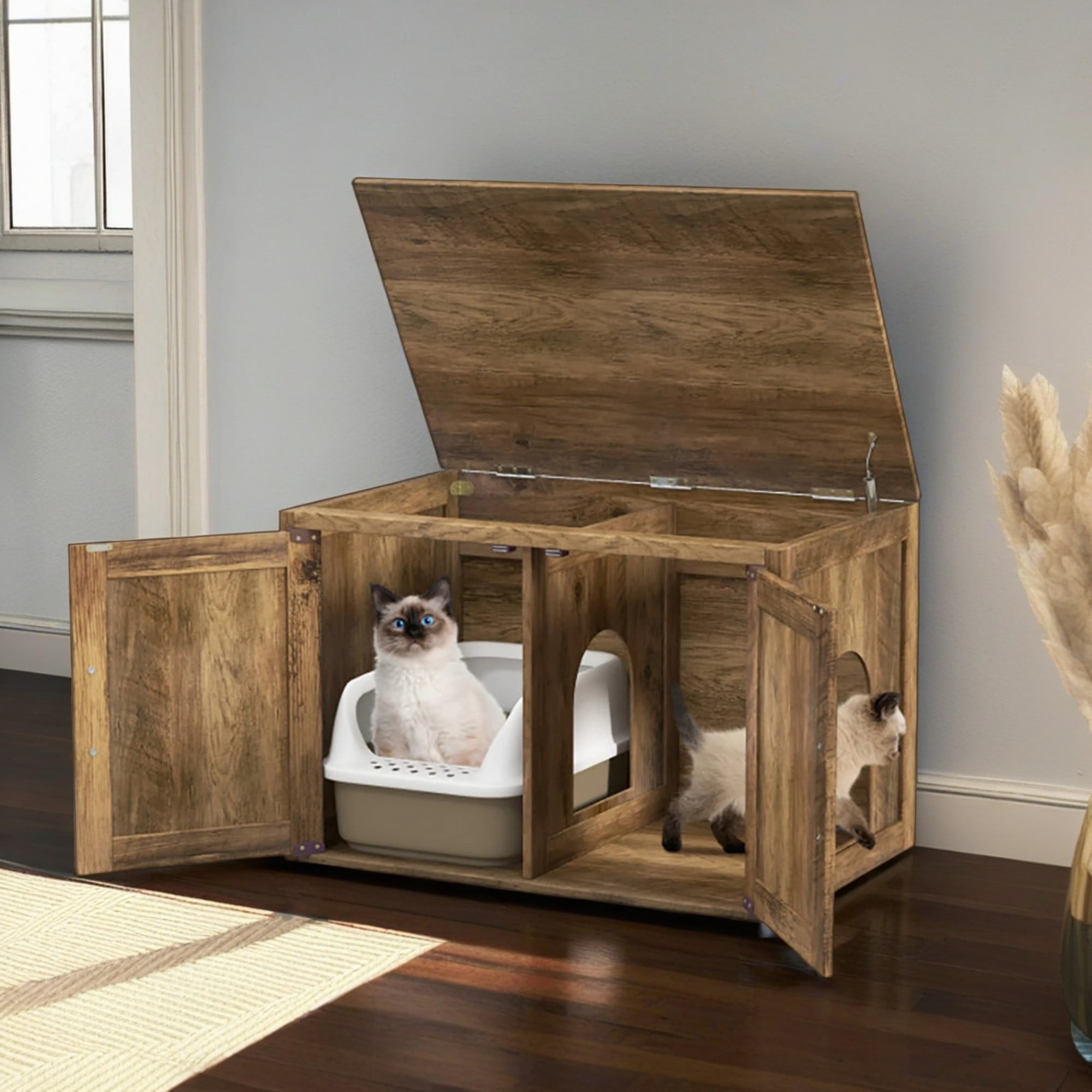 Kadyn 31.5" Cat Litter Box Enclosure, Hidden Cat Litter Box Furniture with Double Barn Doors, Hidden Cat Washroom with Removable Divider, Cat House, Brown