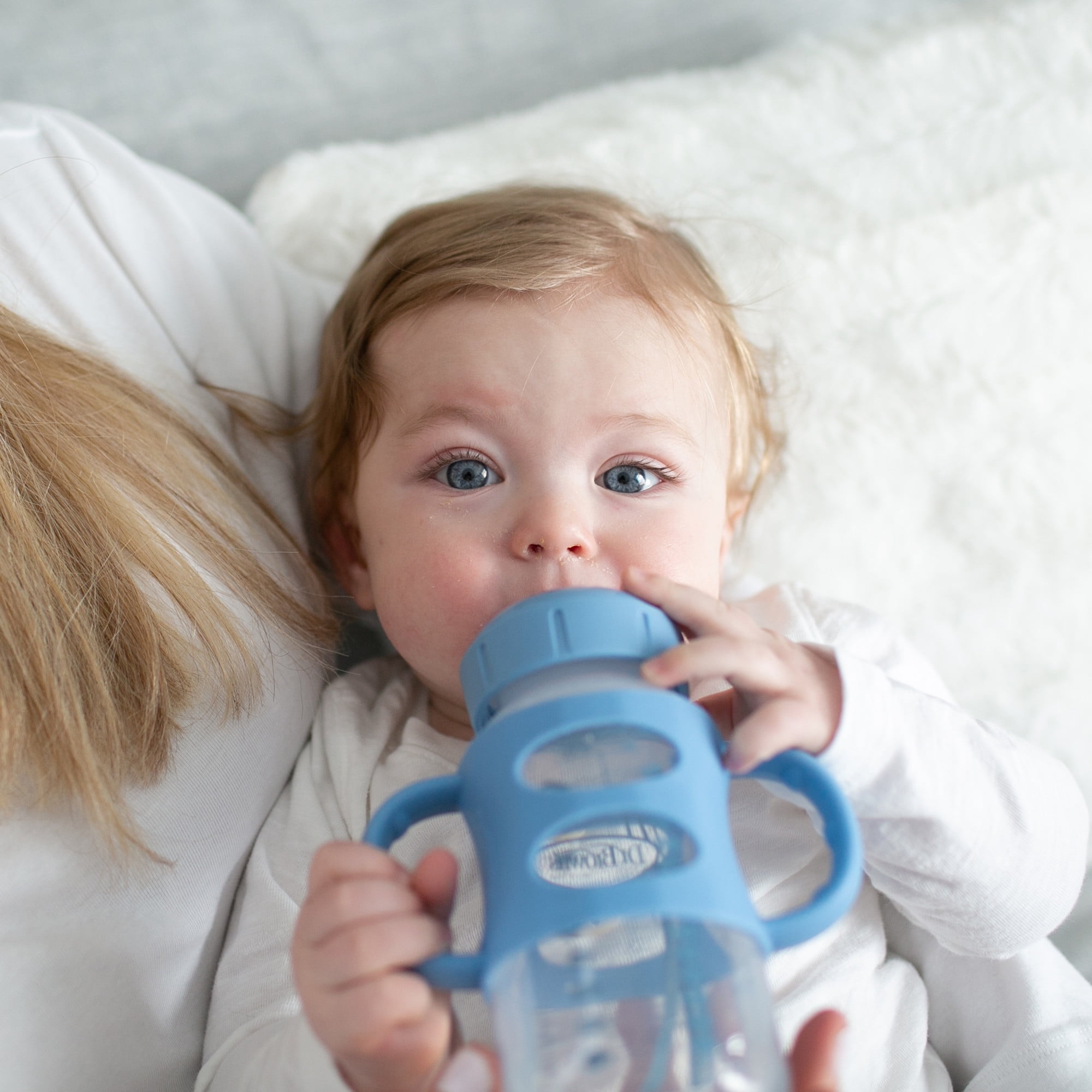 Dr. Brown’s® Milestones™ Wide-Neck Sippy Bottle with 100% Silicone Handles, Easy-Grip Bottle with Soft Sippy Spout, 9oz/270mL, 6m+, Lt. Blue and Gray, 2-Pack, BPA free