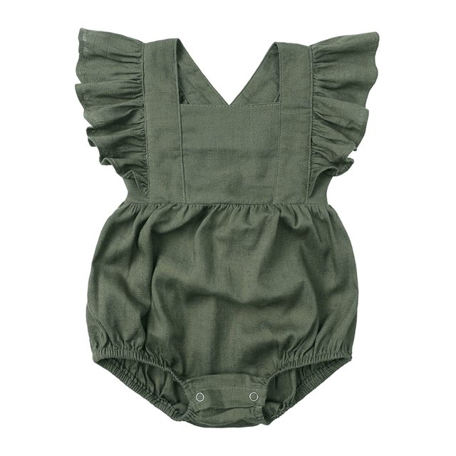Toddler Baby Girls Fashion Cute Solid Color Linen Ruffles Backless Jumpsuit Romper
