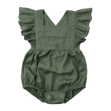 

QISIWOLE Toddler Baby Girls Fashion Cute Solid Color Cotton Linen Ruffles Backless Jumpsuit Romper Deals