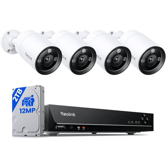Reolink PoE 8-Channel NVR System, 4x 12MP Spotlight Cameras, 2TB HDD, Smart Detection, RLK8-1200B4-A