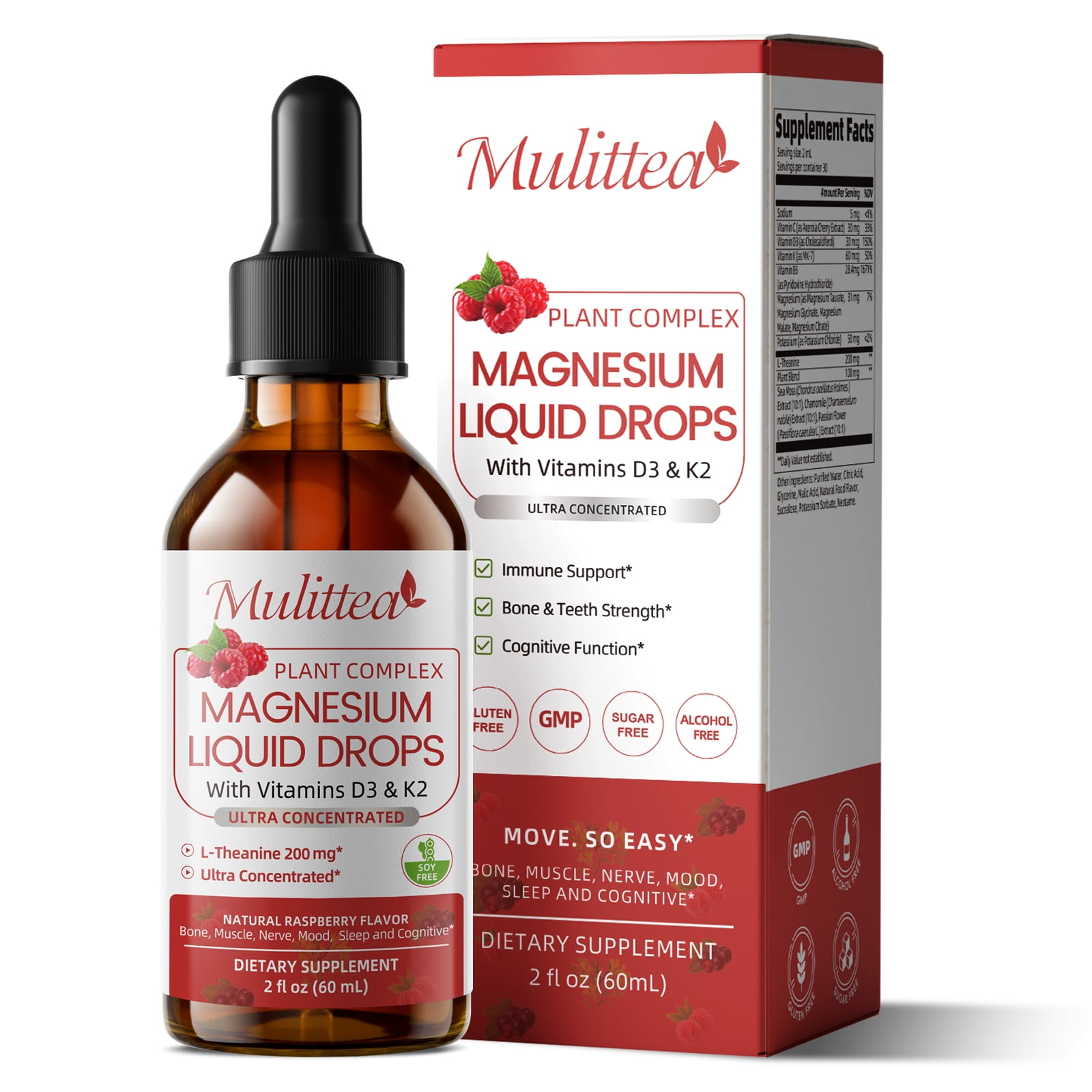Magnesium Glycinate Liquid Drop - with Citrate, Malate and Taurate, D3, K2,B6 - for Sleep, Bone,Muscles, Energy, Raspberry Flavor, 2 Fl oz