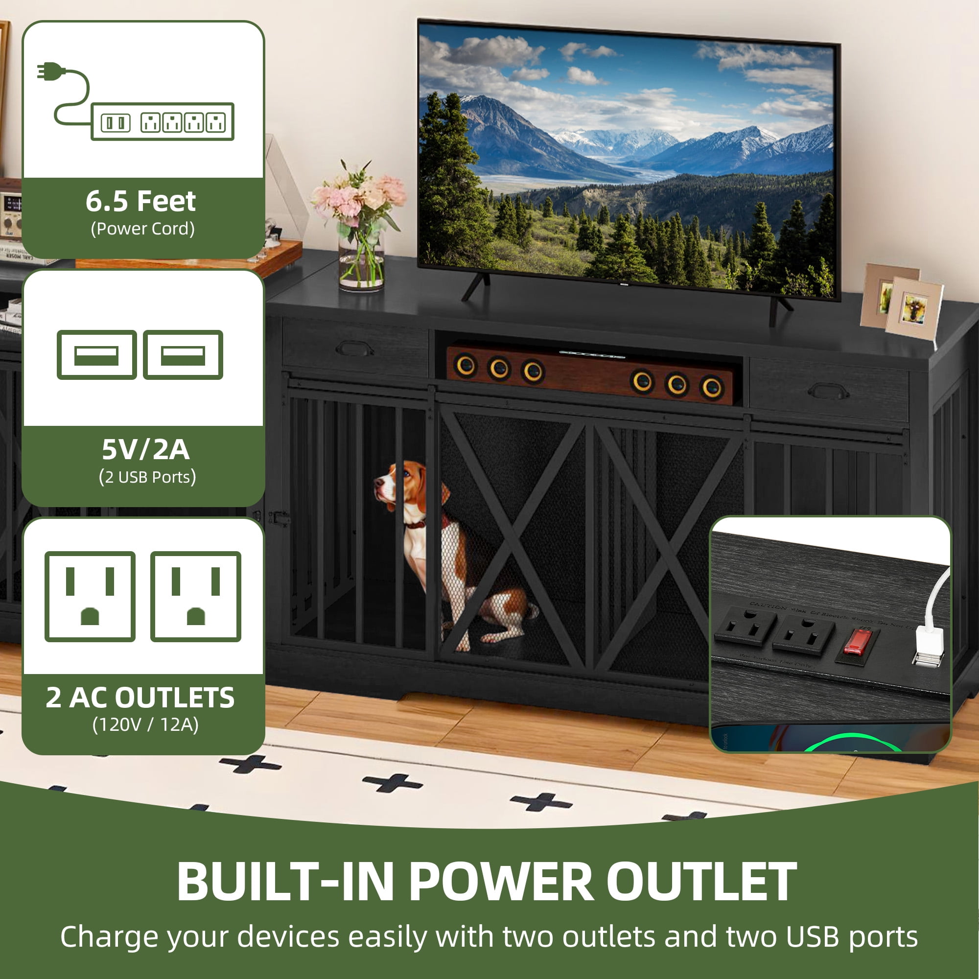 Uforic 63" Dog Crate Furniture with 2 Drawers,TV Stand with Charging Station 63" Large Wooden Indoor Dog Kennel - Gray