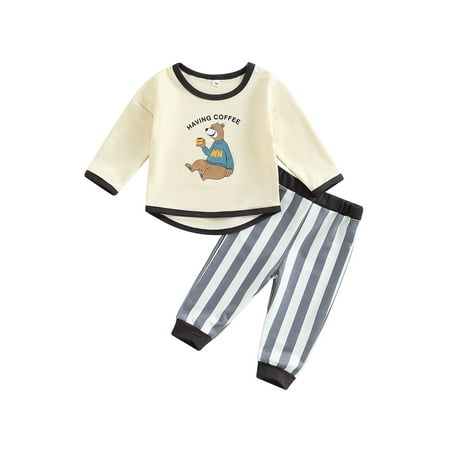 

Amuver Kid Pants Suit Long Sleeve Round Neck Cartoon Bear Shirt + Long Striped Jogger Pants