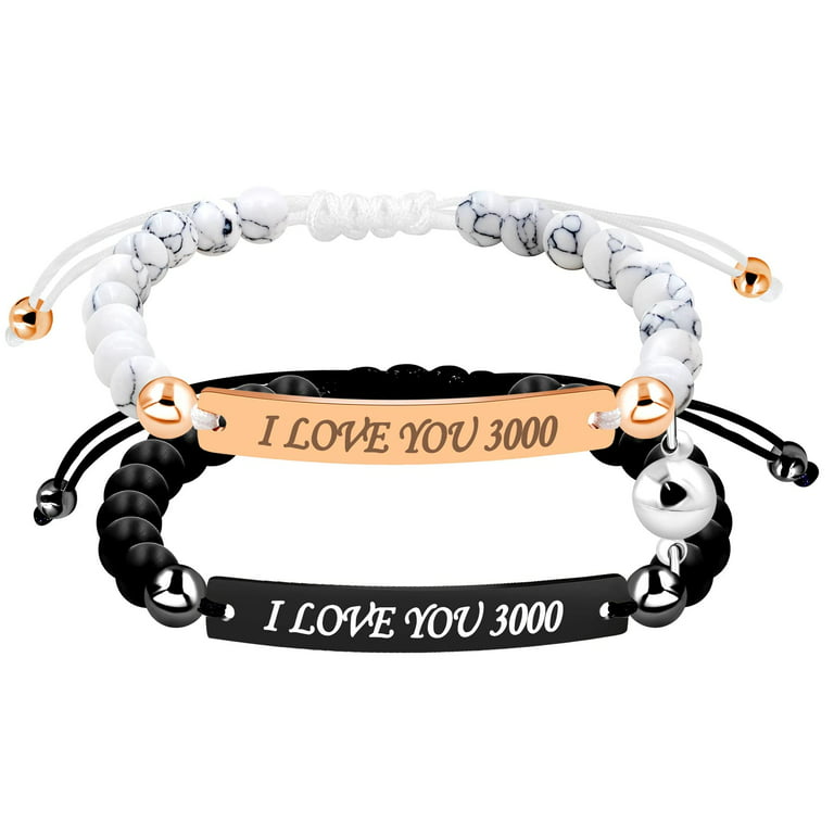 2PCS I Love You 3000 Couples Mutual Attraction Bracelet Set, Black Matte  Agate & White Turquoise Beaded Distance Matching Couples Bracelets  Friendship Gift 