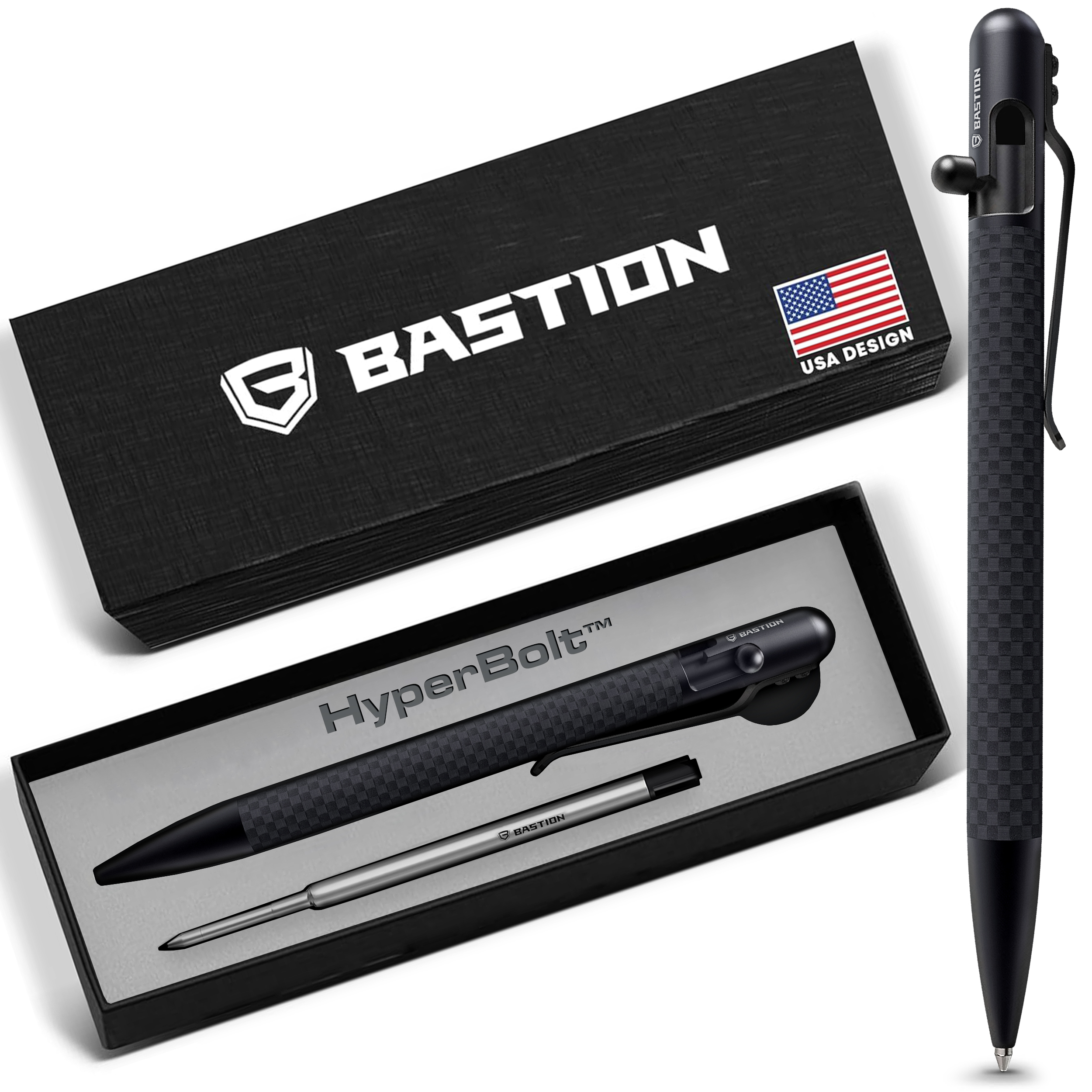 Bastion Carbon Fiber Slim Bolt Action Pen, Black, Ballpoint Refillable, 1 Count