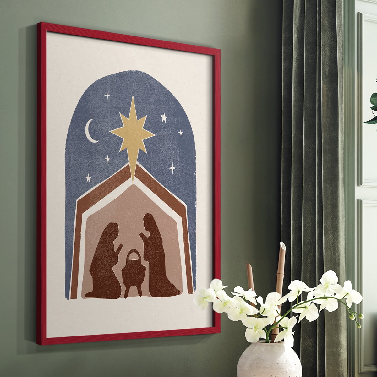 Boho Nativity I Framed Print in Red Solid Wood Framed Print No Nail Hanging