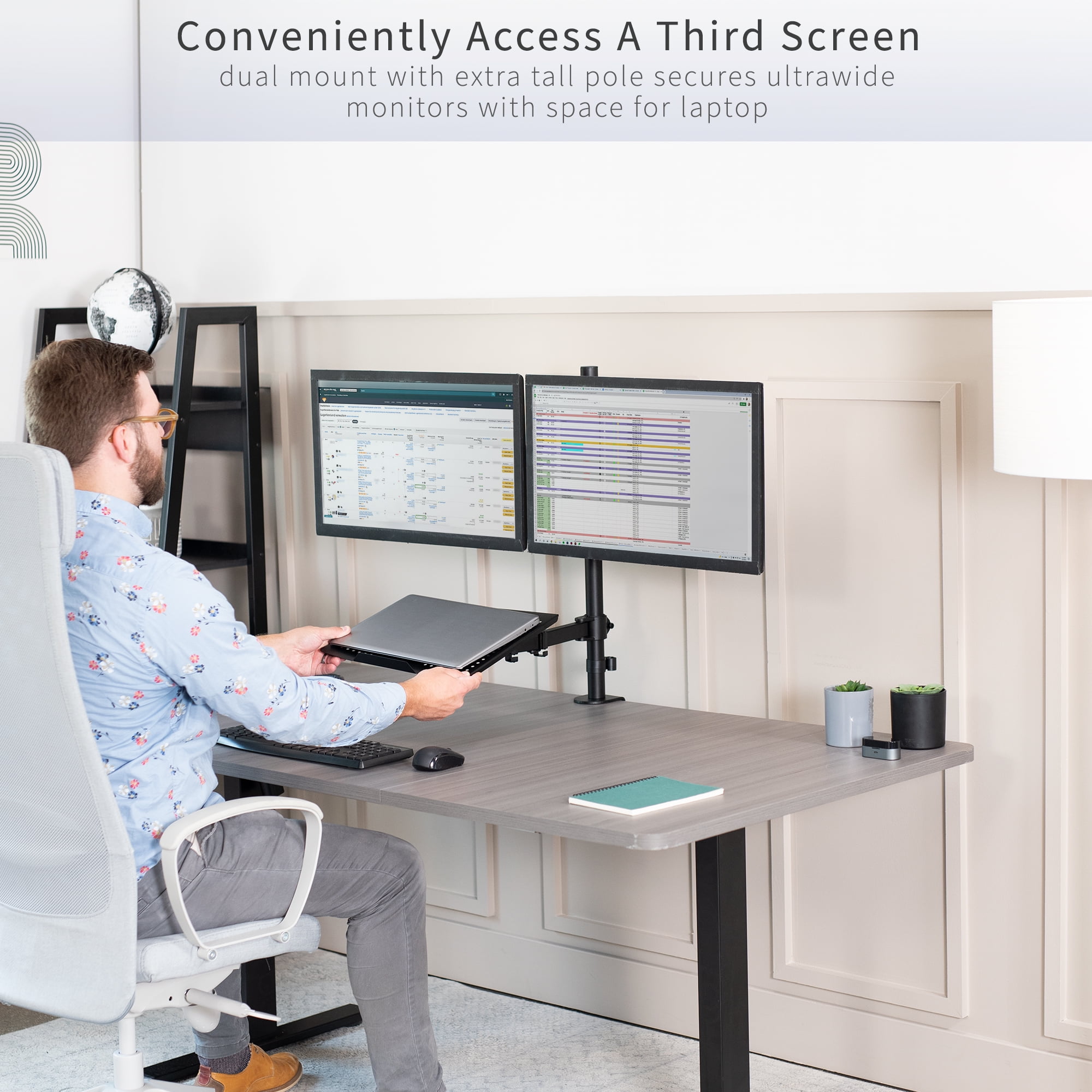 VIVO Dual 13" to 27" Monitor Mount with Laptop Holder, Tall Adjustable Stand