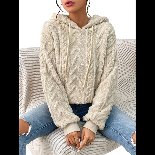 Suéter Holgado de Franela con Capucha para Mujer, Larga y Cálido para Invierno Albaricoque L